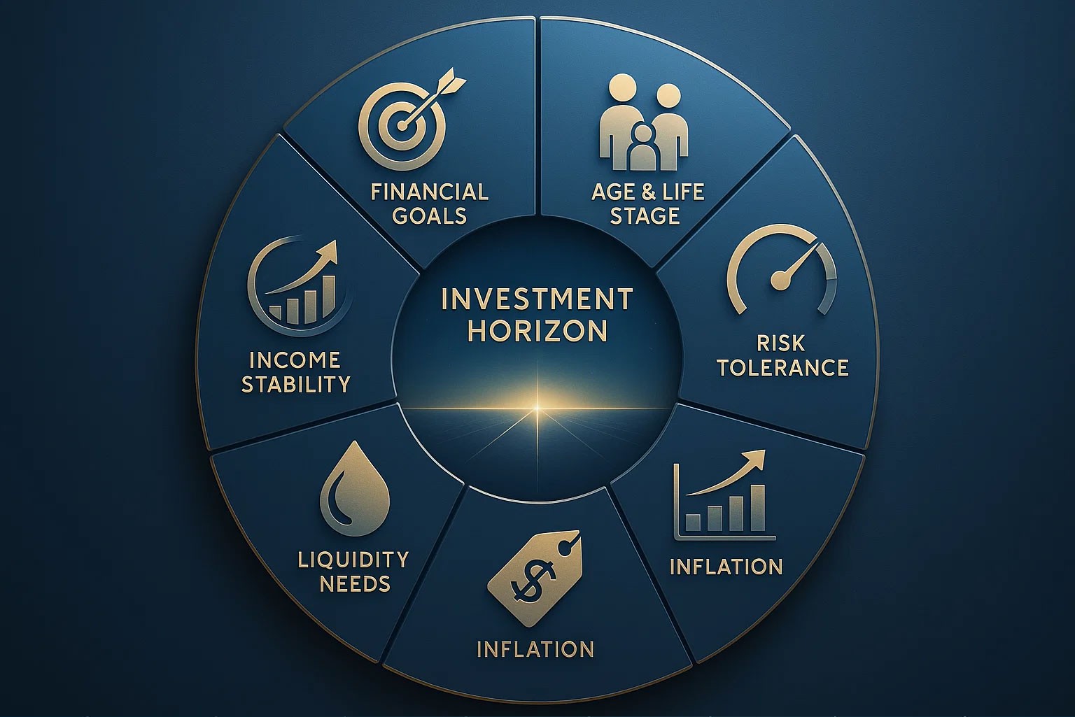Investment horizon factors including financial goals, risk tolerance, income stability, and liquidity needs